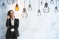 Businesswoman thinking and drawing yellow lamps on grey concrete wall Royalty Free Stock Photo