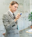 Businesswoman is thinking, writing on board with blue pen in meeting room Royalty Free Stock Photo