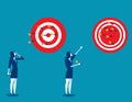 Businesswoman throwing darts at dart board. Concept business success illustration. Vector cartoon character and abstract