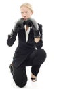 Businesswoman tired with boxing gloves Royalty Free Stock Photo
