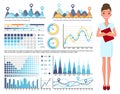 Businesswoman, top manager or secretary gives presentation. Female in blue dress. Flat illustration