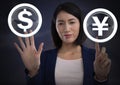 Businesswoman touching dollar and yen icon graphic Royalty Free Stock Photo