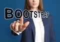 Businesswoman touching virtual screen with word BOOTSTRAP against background, focus on hand