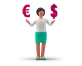 Businesswoman Trader Holding Dollar and Euro Sign isolated on White Background 3D illustration. 3D people collection