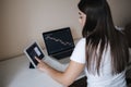 Businesswoman trader work from home using laptop tablet and phone. Female analysis growth trend on graph forex foreign