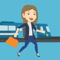 Businesswoman at train station vector illustration