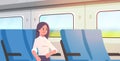 Businesswoman traveling by train passenger woman sitting on comfortable chair during business trip travel long short