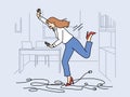 Businesswoman trips on wires and falls, risking injury due to clumsiness or mess in workplace