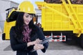 Businesswoman and truck carrying palm fruit Royalty Free Stock Photo