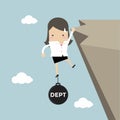 Businesswoman try hard to hold on the cliff with debt burden.