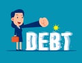 Businesswoman trying to crush and smash the heavy debt burden. Breaking the debt