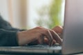 Businesswoman typing laptop keyboard, close up of hands Royalty Free Stock Photo