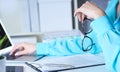 Businesswoman typing on laptop at office workplace Woman working in home office hand keyboard Royalty Free Stock Photo