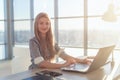 Businesswoman typing on laptop at workplace Woman working in home office hand keyboard Royalty Free Stock Photo