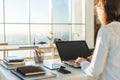 Businesswoman typing on laptop at workplace Woman working in home office hand keyboard Royalty Free Stock Photo