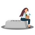 Businesswoman is upset sitting on a keyboard button delete with box of stuff. Color vector illustration.