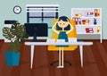 Businesswoman in office looking monitor. Color vector illustration