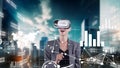 Businesswoman user making zoom data dynamic market monitor by VR. Contraption.