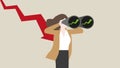 A businesswoman uses binoculars to look for a green up graph