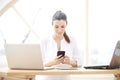 Businesswoman using cell phone and laptops Royalty Free Stock Photo