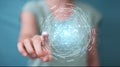 Businesswoman using digital triangle exploding sphere hologram 3 Royalty Free Stock Photo