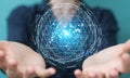 Businesswoman using digital triangle exploding sphere hologram 3 Royalty Free Stock Photo