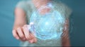 Businesswoman using digital triangle exploding sphere hologram 3D rendering Royalty Free Stock Photo