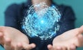 Businesswoman using digital triangle exploding sphere hologram 3D rendering Royalty Free Stock Photo