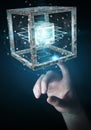 Businesswoman using futuristic cube textured object 3D rendering