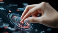 Businesswoman using futuristic interactive touch screen interface displaying graphs and charts