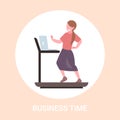 Businesswoman using laptop running on treadmill business woman workout hard working concept flat full length