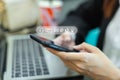 Businesswoman using mobile phone with contact communication icons online internet network service. email, website, message, phone Royalty Free Stock Photo