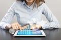 Businesswoman using tablet pc analyzing sales data and economic growth graph chart Royalty Free Stock Photo