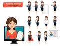 Businesswoman with various things. Set of cute cartoon character.