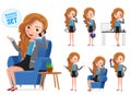 Businesswoman vector characters set. Sitting business woman young office manager character.