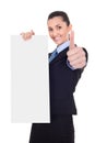 Businesswoman with vertical empty banner