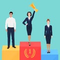 Businesswoman on victory podium concept. Successful business champion. Royalty Free Stock Photo