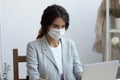 Businesswoman in virus protective facemask working on computer in office. Royalty Free Stock Photo