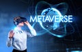 Businesswoman in vr glasses, metaverse hologram and digital lines