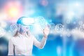 Businesswoman in vr glasses and spheres blur Royalty Free Stock Photo