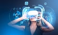 Businesswoman in vr headset, futuristic technology hud hologram