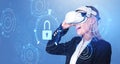 Businesswoman in vr headset with glowing lock icon, cybersecurit