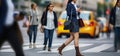 Businesswoman walking on crosswalk and texting on smartphone in city street, Generative AI Royalty Free Stock Photo