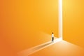 Businesswoman walking go to front of bright big shining door in the wall orange of the hole at light falls. illustration Royalty Free Stock Photo