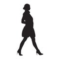 Businesswoman walking in high heels shoes and mini skirt, side view, isolated vector silhouette. Business people, model