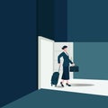 Businesswoman walking out from the open door. Resigned from work concept vector illustration