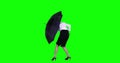 Businesswoman walks backward with umbrella