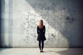 Businesswoman watching, big puzzle on wall, Woman looking at big puzzle, AI generated Royalty Free Stock Photo