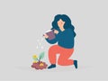 Businesswoman watering a money plant. An Investor woman grows tree with gold coins. Long term investment, funding concept