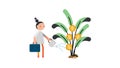 Businesswoman watering plants that bloom in coins. Financial and investment growth, success in wealth management